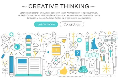 Vector elegant thin flat line Creative thinking concept. Website header banner Stock Illustration
