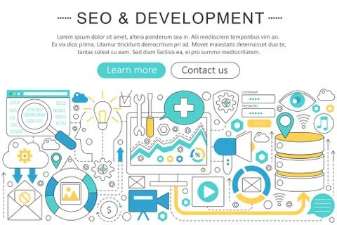Vector elegant thin line flat modern SEO and development concept. Website header 스톡 일러스트
