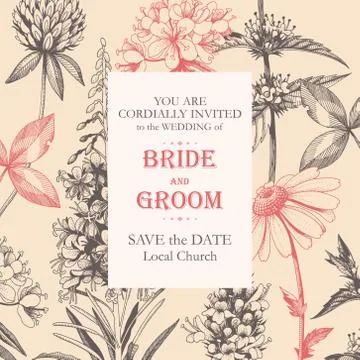 Vector elegant wedding card with meadow flowers Stock Illustration