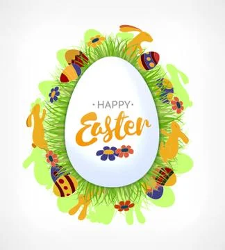 Vector element for design. Easter eggs in green grass with white flowers Stock Illustration