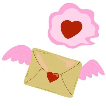 Vector element hand drawn flat cartoon style. Love letter with wings for vale Stock Illustration