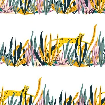 Vector element of seamless pattern with leopard in grass Stock Illustration