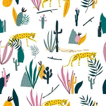 Vector element of seamless pattern with leopard, plants, jungle leaves, snags Stock Illustration