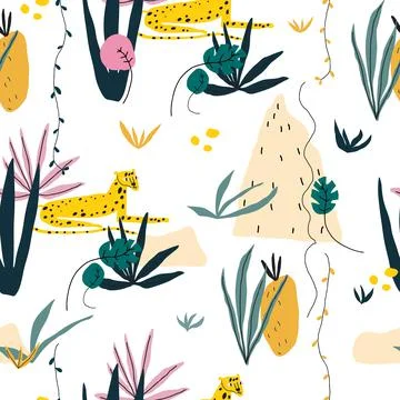 Vector element of seamless pattern with leopard, plants, leaves, snags. Print Stock Illustration