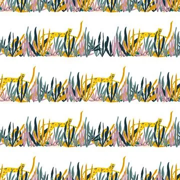 Vector element of seamless pattern with leopard in grass Stock Illustration