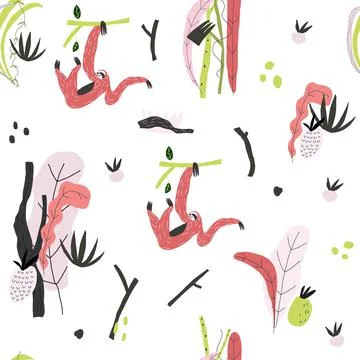 Vector element of seamless pattern with sloth, plants, leaves, fruits Stock Illustration
