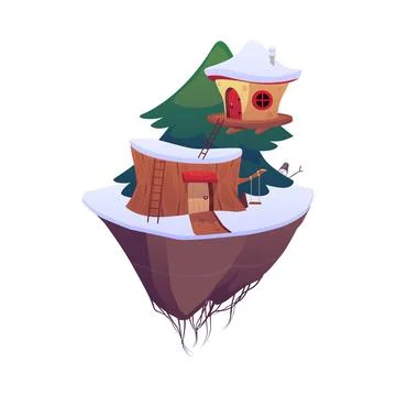 The vector element is a treehouse on a flying island in winter. The image of  Illustrazione stock