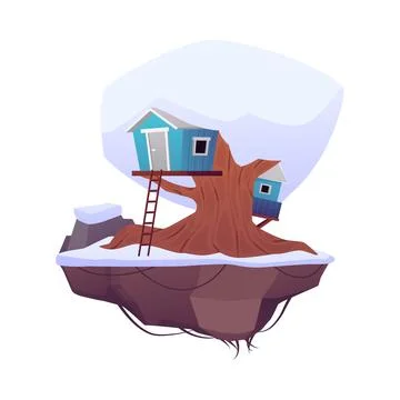 Vector element of two Treehouses on a winter flying island. Snow-covered roof イラスト素材