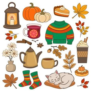 Vector elements of autumn season cozy fall stickers 스톡 일러스트