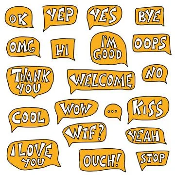 Vector elements for conversation. Ok, yep, wow, omg, welcome, cool, thank you Stockillustratie