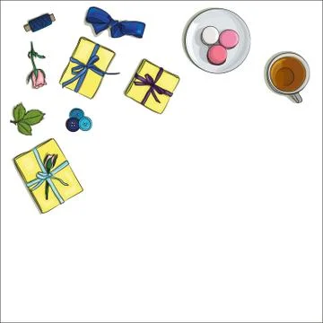 Vector elements for decorate modern workspace of needlewoman. Stock Illustration