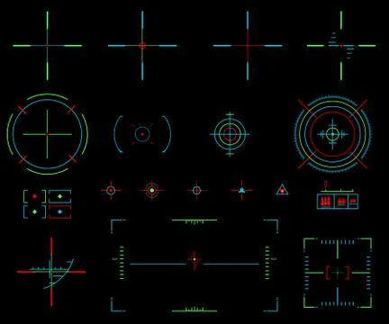 Vector elements. Icons crosshairs. Neon sight. View target Stock Illustration