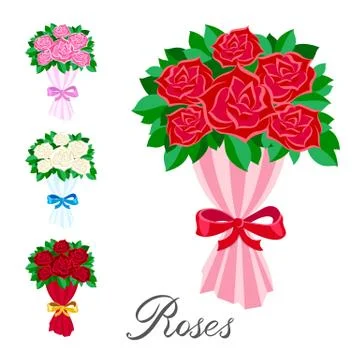 Vector elements set A bouquet of red, pink, white and scarlet roses flat. Han 스톡 일러스트