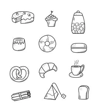 Vector elements of sweet snacks and pastries, coffee dishes. Excellent for de 库存插图