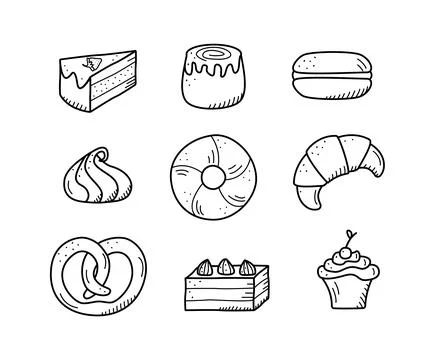 Vector elements of sweet snacks and pastries, coffee dishes. Excellent for .. Stock Illustration