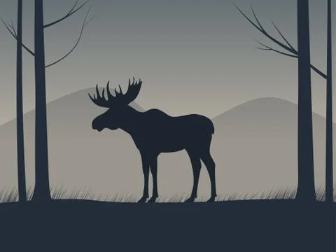 Vector an elk silhouette standing in a forest Stock Illustration