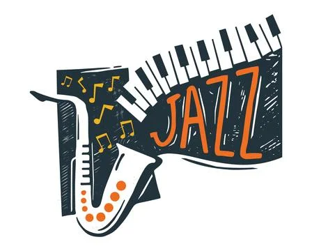 Vector emblem with Jazz lettering and saxophone musical instrument 스톡 일러스트