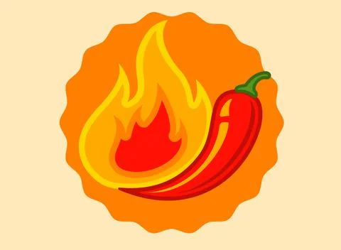 Vector emblem of red chilli pepper with fire. Vector emblem jalapeno or chi.. Stock Illustration