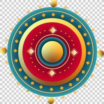 Vector emblem showing teal, red and gold rings and gradient sphere, transparent Stock Illustration
