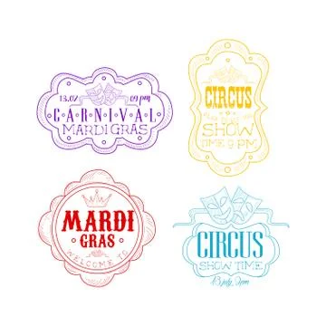 Vector emblems for circus and Mardi Gras carnival in different colors. Sketch Stock Illustration
