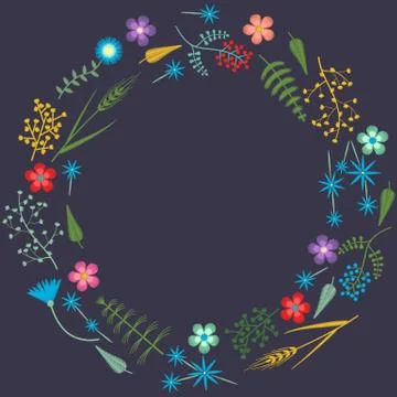 Vector Embroidery frame pattern with Forest plants and Field wildflowers Illustrazione stock
