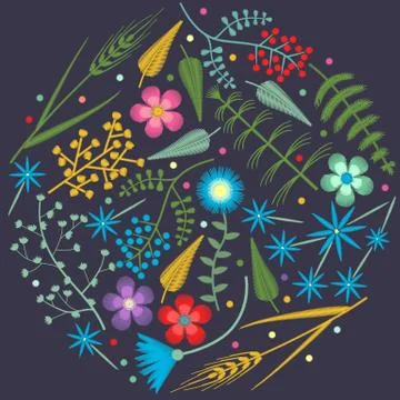 Vector Embroidery round pattern with Forest plants and Field wildflowers Illustrazione stock