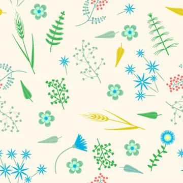 Vector Embroidery seamless pattern with Forest plants and Field wildflowers Stock Illustration