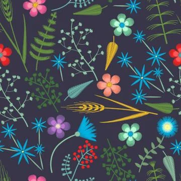 Vector Embroidery seamless pattern with Forest plants and Field wildflowers Illustrazione stock