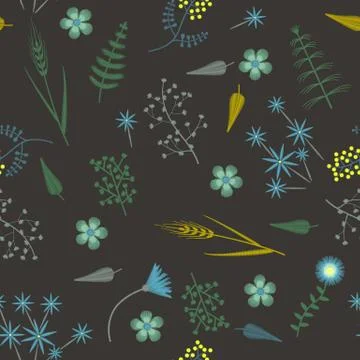 Vector Embroidery seamless pattern with Forest plants and Field wildflowers Illustrazione stock