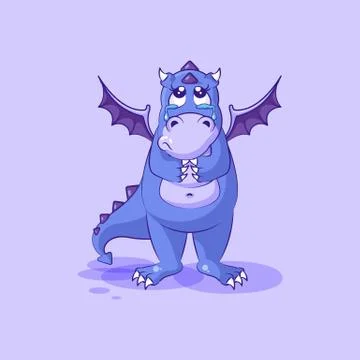 Vector Emoji character cartoon sad and frustrated dragon dinosaur crying, tears Stock Illustration
