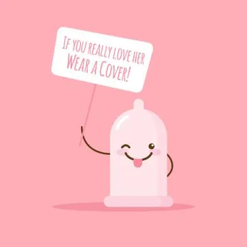 Vector emoji condom with poster about safe love. Cartoon sticker. Stock Illustration
