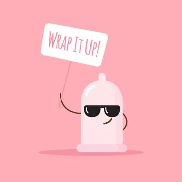Vector emoji condom with poster about safe love. Cartoon sticker. Stock Illustration