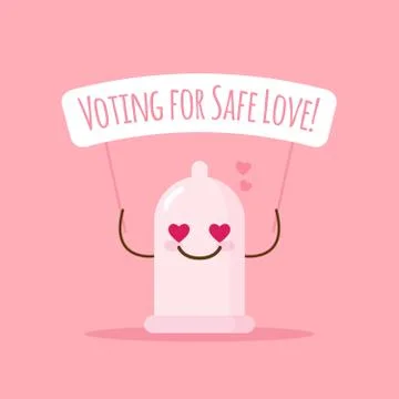 Vector emoji condom with poster about safe love. Cartoon sticker. Stock Illustration
