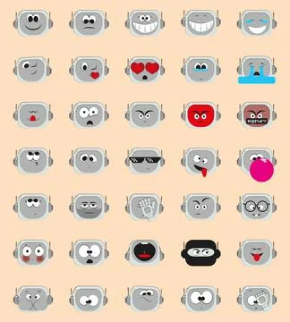 Vector Emoji Sticker Set of AI Robot – 35 Cartoon Facial Expressions Stock Illustration