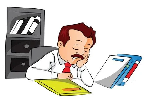 Vector of employee sleeping with files on desk. Stockillustratie