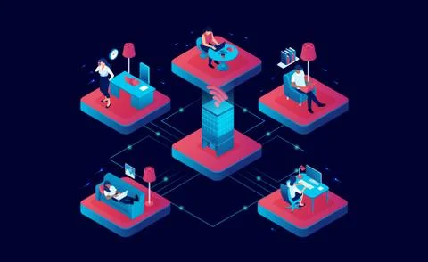Vector of employees connecting online in a network and working remotely from  Stock Illustration