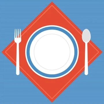 Vector empty plate, fork and spoon with napkin, restaurant sign,flat design Illustrazione stock