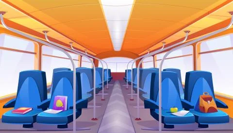 Vector empty school bus interior with blue seats Stock Illustration