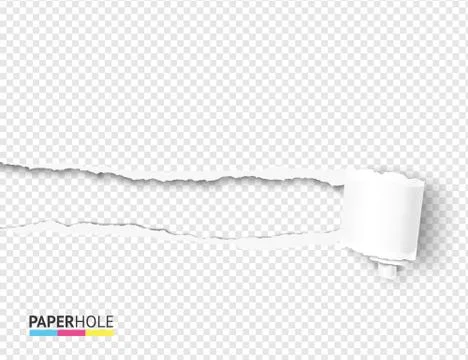 Vector empty tear off paper curly scroll and torn hole edges on a transparent Stock Illustration