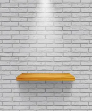 Vector empty wooden shelf isolated on gray brick wall background. Stock Illustration
