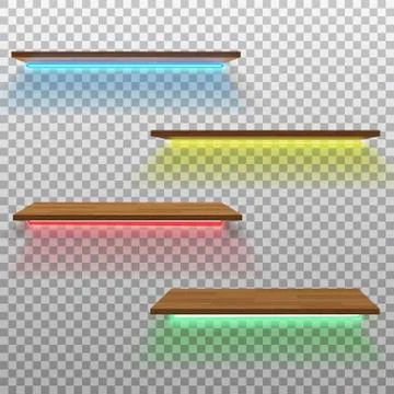 Vector empty wooden shelf with neon lamps isolated on checkered background Stock Illustration