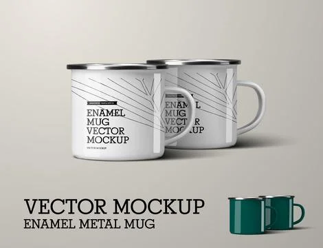 Vector enameled metal cup template with handle, mugs composition, white, gr.. Stock Illustration