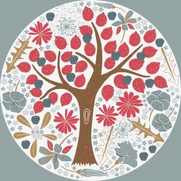 Vector enchanted garden illustration. Apple trees and flowers. Stock Illustration