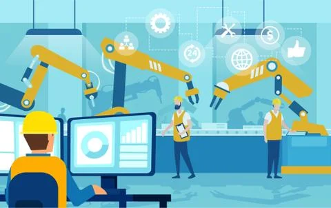 Vector of an engineer controling automation robot arms on a factory line Stock Illustration