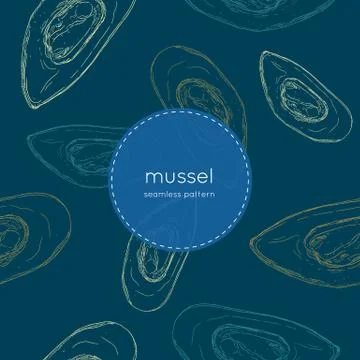 Vector engraving illustration of highly detailed hand drawn mussel.seamless v Stock Illustration