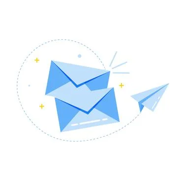 Vector envelope icon and paper airplane. The postal envelope is blue Stock Illustration