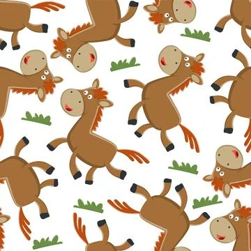 Vector equestrian seamless pattern of flat cartoon bay horse Stock Illustration
