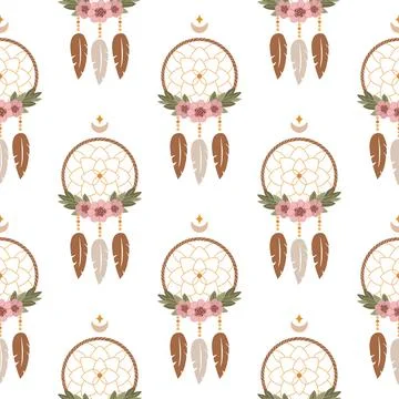 Vector ethnic seamless pattern. Native American dream catcher with feathers Stock Illustration