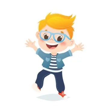Vector european boy with eyeglasses jumping and laughing. Stock Illustration