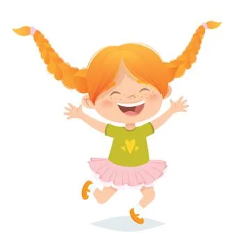 Vector european red hair girl with braids jumping and laughing. Stock Illustration